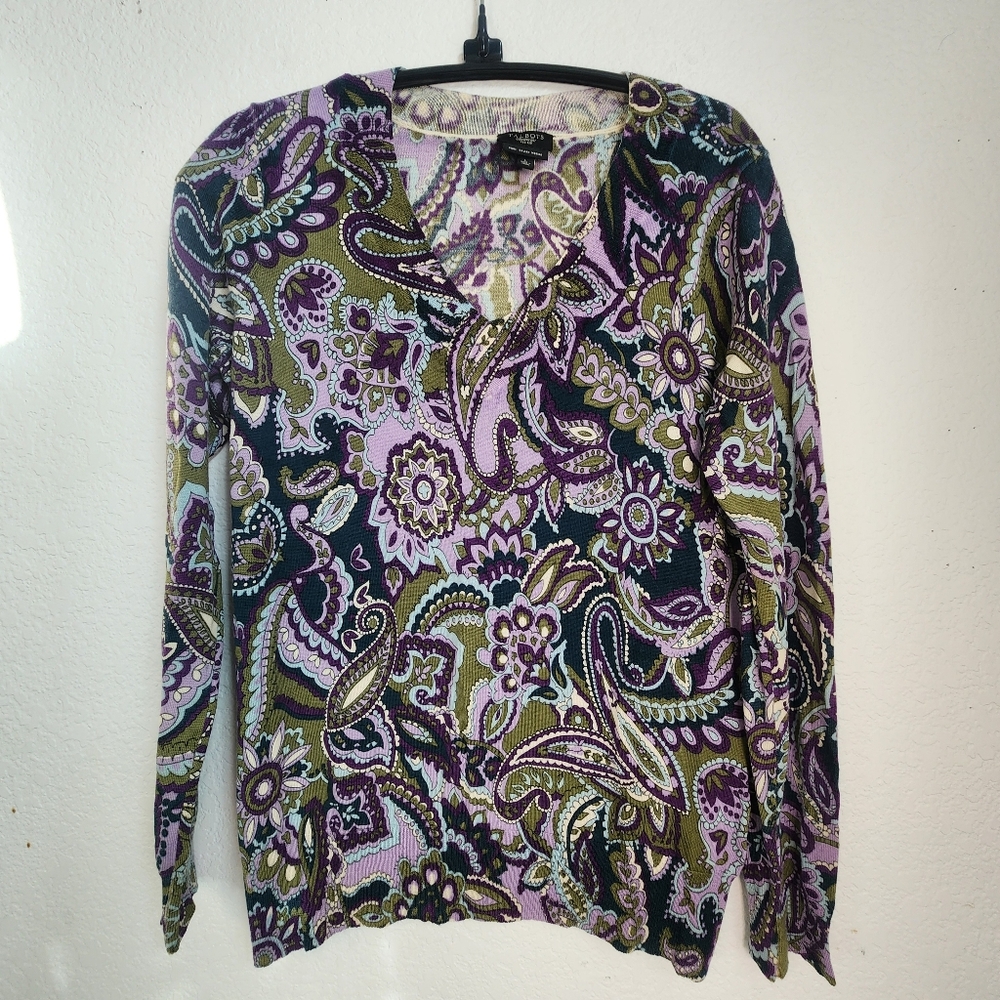 Talbots V-Neck 100% Merino V-Neck Sweater - Purple and Green Paisley, Size L